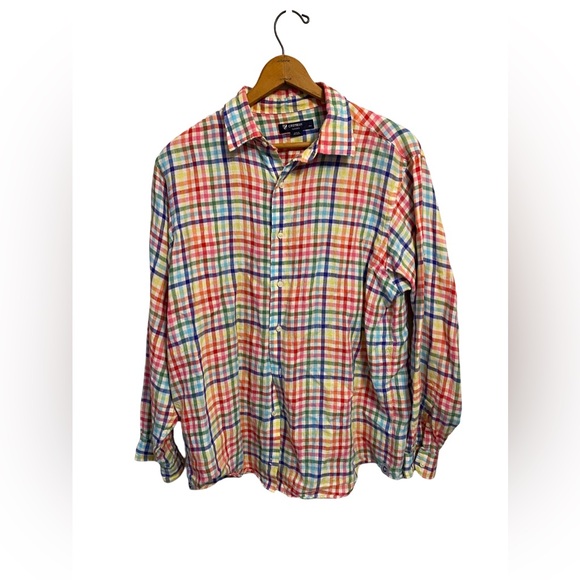 DANIEL CREMIEUX Shirt‎ Colorful Plaid 100% Linen Mens Large Multicolor Plaid - Picture 1 of 3